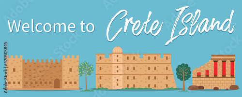 Crete island invitation card vector illustration. Traditional ancient historical buildings