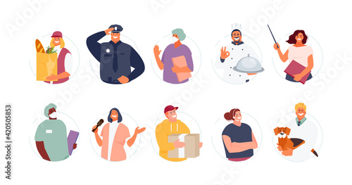 Set of people of different professions vector. Labor day vector collection. Courier, policeman, teacher, doctor, veterinarian, journalist, cook, call center operator