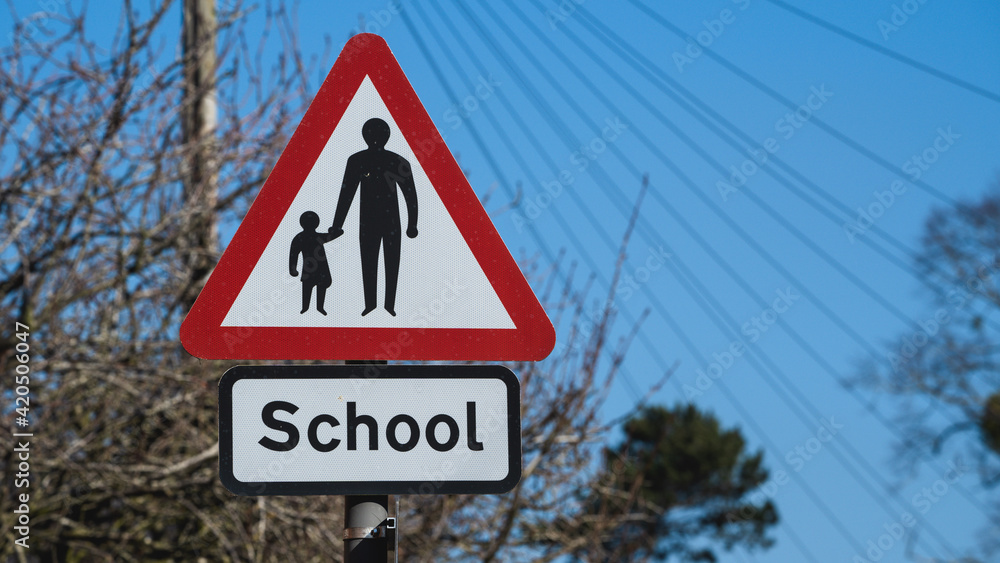 School crossing sign in town against a blue sky School crossing sign in town against a blue sky