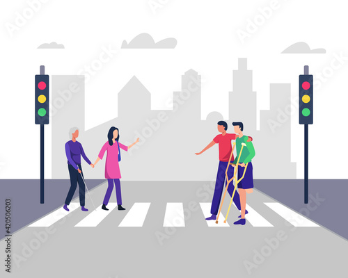Disabled people crossing street. Illustration helps people with disabilities cross the road, Blind woman. Young men and women crossing street safely with disabilities people. Vector in a flat style