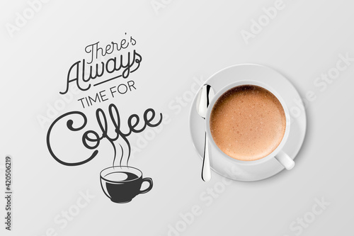 Vector 3d Realistic White Metal Enamel Mug with Foam Coffee - Capuccino, Latte - Isolated. Coffee Cup with Typography Quote, Phrase about Coffee. Stock Illustration. Design Template. Top View