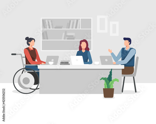 Disabled people in office. Young women with disabilities work in an office with a team, Meeting and Brainstorming project. Young woman in wheelchair working with colleague. Vector in a flat style