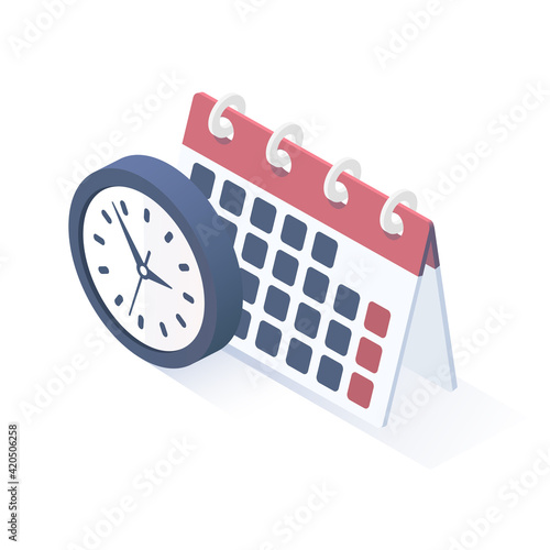 Isometric vector illustration.  Calendar and clock icon. 
