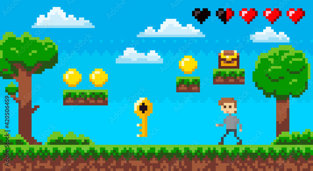 Adventure pixel game interface design layout. Videogame character