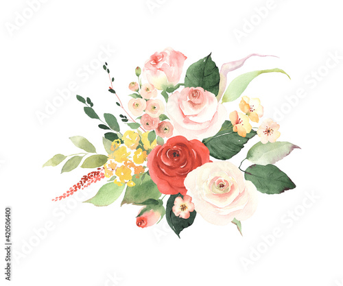 Fototapeta Naklejka Na Ścianę i Meble -  Floral decoration with simple roses, small flowers, leaves and branches. Watercolor isolated bouquet on white background for wedding card, invitation, greeting or flowers decors.