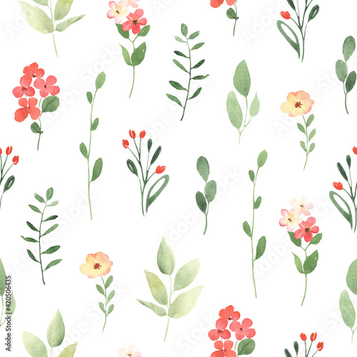Simple floral pattern with small flowers and branches. Watercolor seamless print on white background, nature illustration for textile, wallpapers or wrapping paper.
