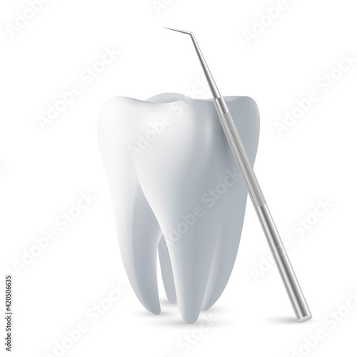 Vector 3d Realistic Tooth and Dental Probe for Teeth Closeup Isolated on White Background. Medical Dentist Tool. Design Template, Clipart, Mockup. Dentistry, Healthcare, Hygiene Concept