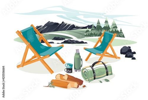 Set of equipment for camping and climbing on a landscape background  chairs  rug  shovel  ax  cups  thermos. Cartoon vector illustration