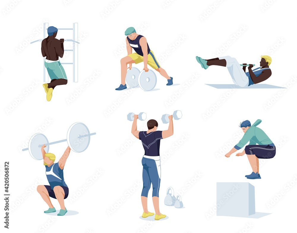 Different cartoon set of men exercising at modern gym vector flat illustration. Athletic men on training apparatus have various physical exercises enjoy sport activity