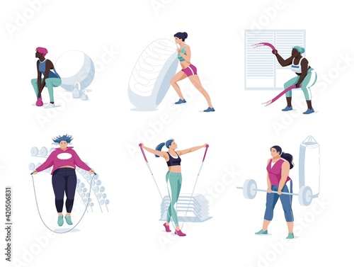 Cartoon Women athletes different races and bodies set doing exercises training at gym set. Flat vector illustration