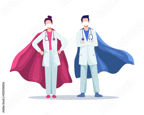 Super doctor concept illustration. Male and female doctors wearing masks with superhero cloaks, Real heroes, Coronavirus outbreak. Hospital medical staff with masks and stethoscope. Vector flat style