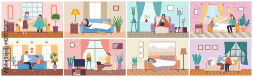 Set of illustrations on the theme of home treatment. People with flu on self-isolation in apartment