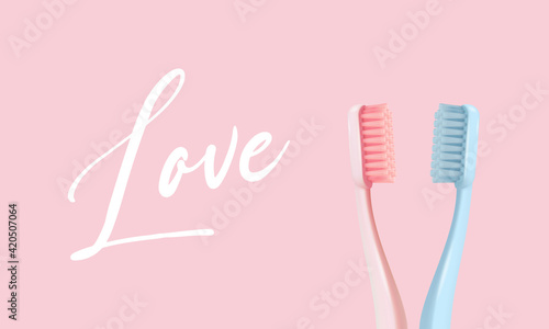 Vector 3d Realistic Pink, Blue Plastic Blank Toothbrush Set on Pink Background. Design Template, Dentistry, Healthcare, Hygiene, Love, St. Valentine s Day, Family, Couple Concept. Two Tooth Brushes.