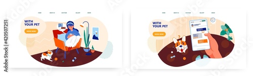 Social media addiction, landing page design, website banner vector template set. Live communication problems with pets.