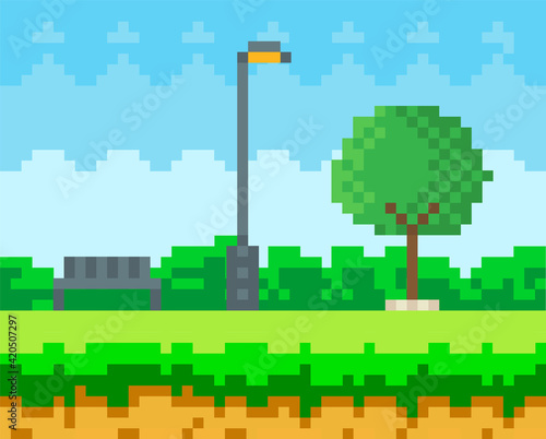 Pixel art game nature landscape with trees, bushes, benches and street lamp, blue sky in city park