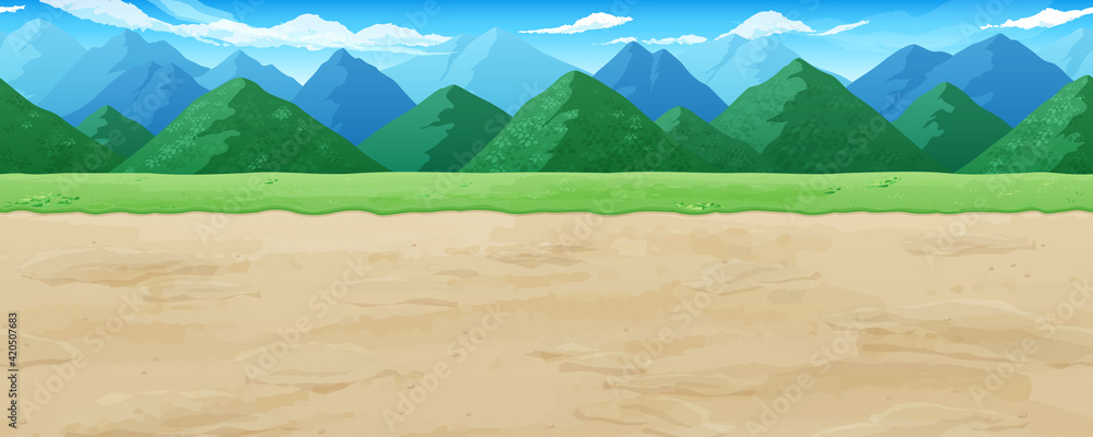 土の道と草と山の風景イラスト 横スクロールゲームの背景 シームレス Stock Vector Adobe Stock