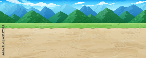 土の道と草と山の風景イラスト_横スクロールゲームの背景_シームレス
