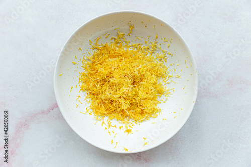 Lemon zest in ceramic bowl