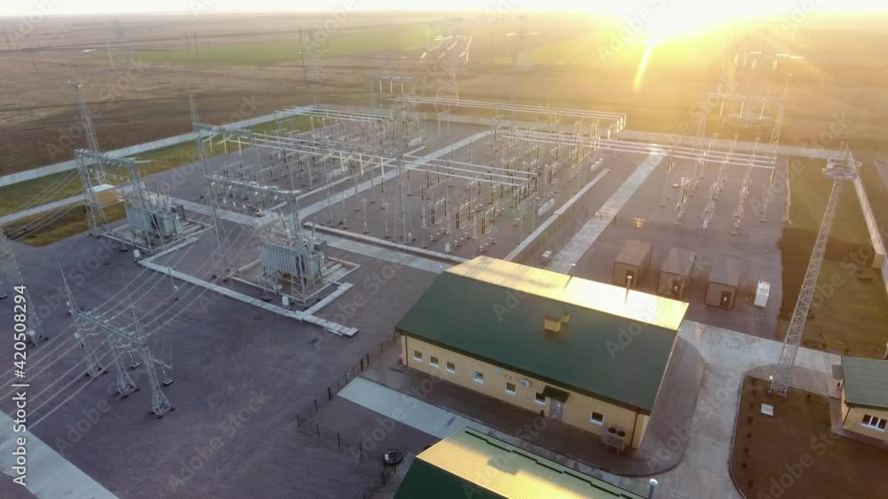 Aerial shot of a wind energy station with numerous electric devices in summer Aerial shot of a wind energy station with numerous electric devices in summer