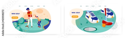 Mini golf landing page design, website banner vector template set. Father teaching his son to play golf. Family leisure.