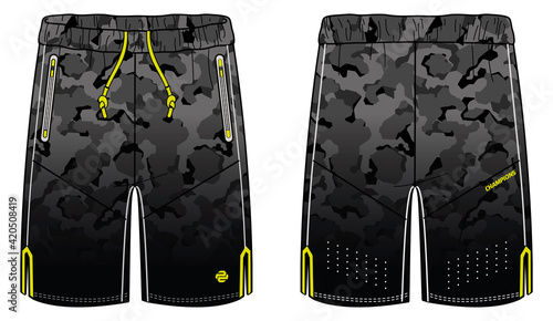 camouflage Sport Shorts design vector template, Football shorts concept with front and back view for Soccer, basketball, Volleyball, Rugby, tennis, badminton and running active wear shorts design.
