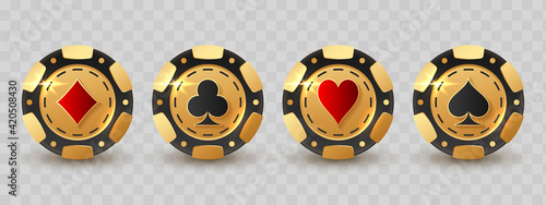 Set of gold poker chips, token with red and black suits on transparent. Diamonds, clubs, hearts, spades. Vector illustration for casino, game design, flyer, poster, banner, web, advertising.