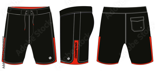 Board Shorts design vector template, Swim shorts concept with front and back view for Surfing, Swimming, Soccer, basketball, Volleyball, tennis, badminton and running active wear shorts design.