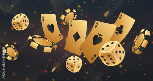 Falling golden poker chips, tokens, dices, playing cards on black background with gold lights, sparkles and bokeh. Vector illustration.