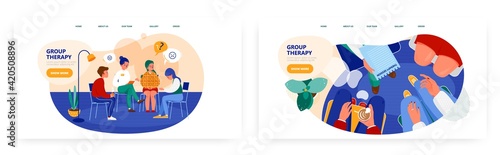 Group therapy landing page design, website banner vector template set. Psychotherapy session. Mental health.