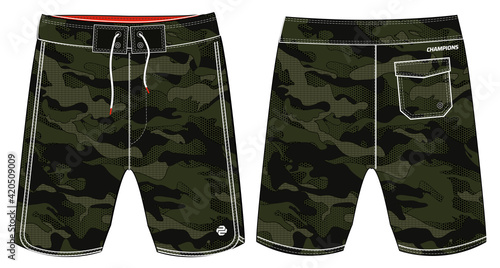 Camouflage Board Shorts design vector template, Swim shorts concept with front and back view for Surfing, Football, basketball, Volleyball, tennis, badminton and running active wear shorts design.