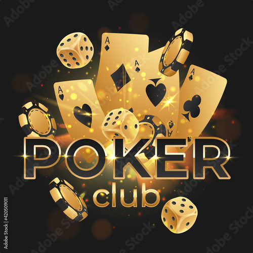 Black letters Poker club with falling golden poker chips, tokens, dices, playing cards on black background with gold lights, sparkles and bokeh. Vector illustration.