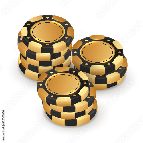 Stacks of golden with black poker chips, tokens on white background. Vector illustration for casino, game design, flyer, poster, banner, web, advertising.