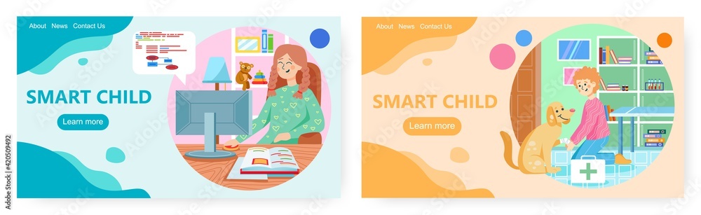 Smart child landing page design, website banner vector template set. Smart child landing page design, website banner vector template set.