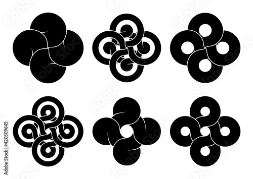 Set of cross signs made of three connected disks and rings made of different types intersection. Vector tattoo flat design illustration.