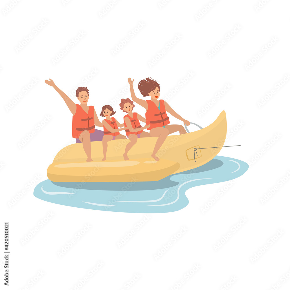 Happy family riding a banana boat, beach activities water sport. Happy family riding a banana boat, beach activities water sport.