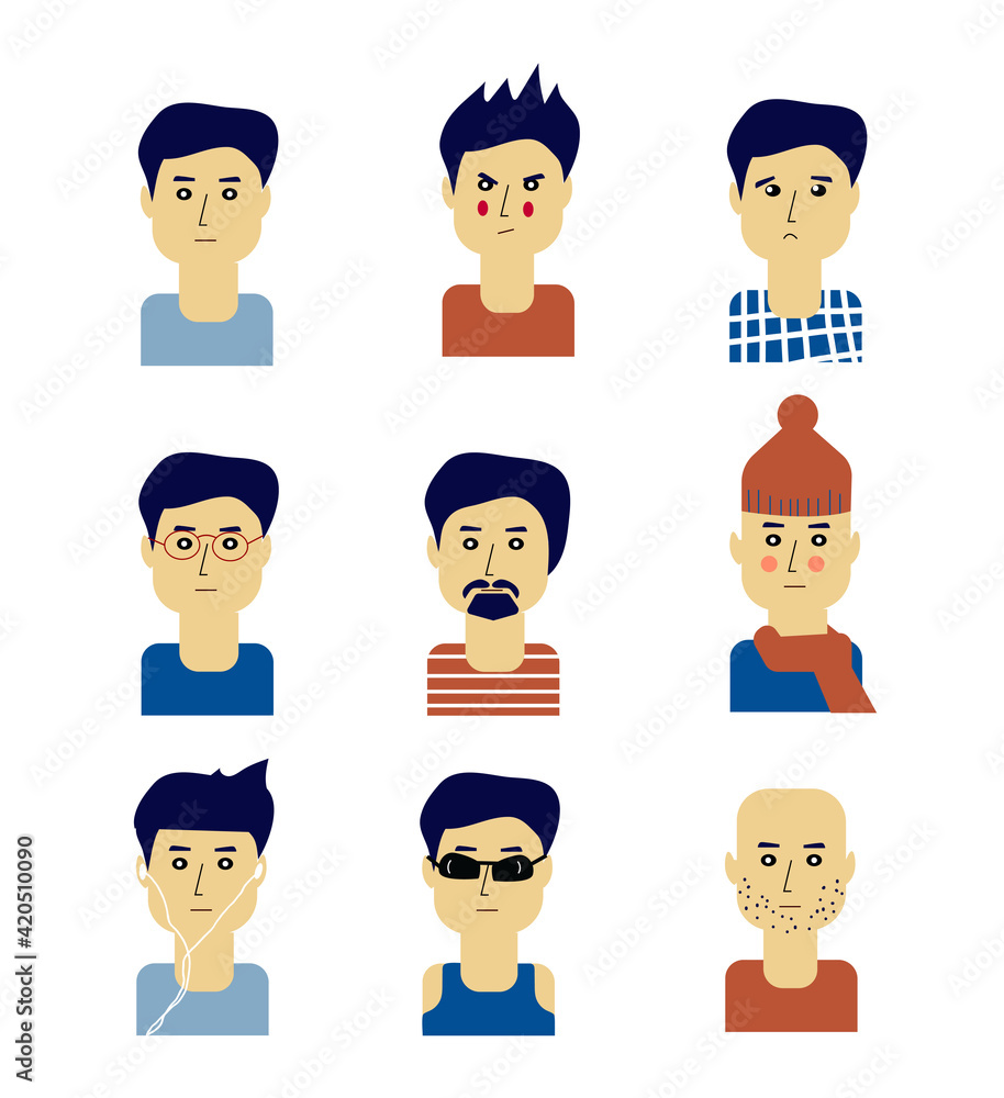 Man avatar with different emotions and in different situtations and outfits. Vector graphic illustration Man avatar with different emotions and in different situtations and outfits. Vector graphic illustration