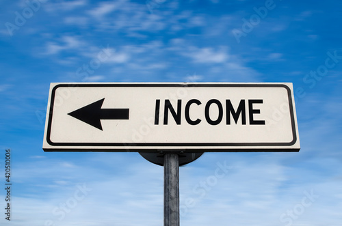 Income road sign, arrow on blue sky background. One way blank road sign with copy space. Arrow on a pole pointing in one direction.