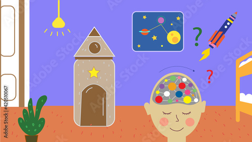 Boy thinking about space in his room and creating a rocket illustration. Vector graphic