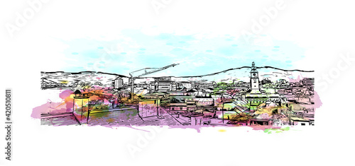 Building view with landmark of Linz is the 
city in Austria. Watercolour splash with hand drawn sketch illustration in vector.