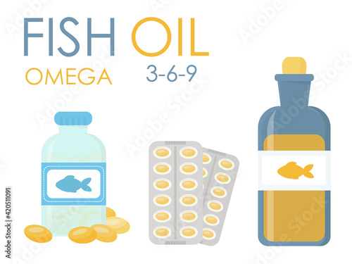 set bottle, vial, capsules with fish oil. Various forms and dosages. Food supplement Omega 3-6-9. Isolated over white background. Vector illustration. Flat