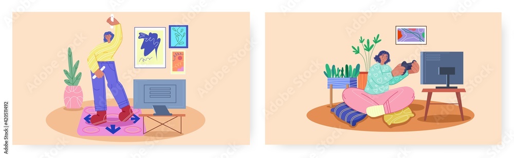 Games to play at home, landing page design, website banner vector template set. Video game console, dance motion game. Games to play at home, landing page design, website banner vector template set. Video game console, dance motion game.