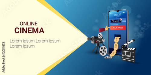 Online cinema art movie poster design with  movie projector and Disc with movie reel film-strip. Cinematography and Filmmaking. Cinematography concept.  Vector illustration