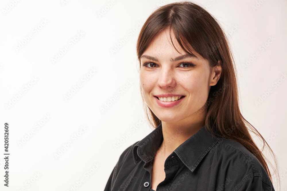 beauty woman portrait of teen girl beautiful cheerful long brown hair and clean skin isolated on white background beauty woman portrait of teen girl beautiful cheerful long brown hair and clean skin isolated on white background