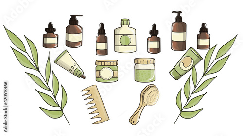Set of colorful bottles, jars and tubes with organic cosmetics. Collection of colorful bottles jars tubes with organic cosmetics scrub moisturizer oil.