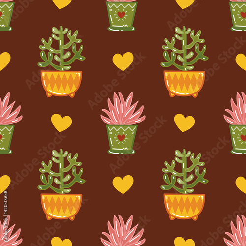 Cute cactus seamless pattern with yellow pot and heart on dark red background