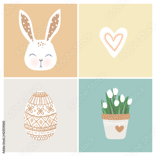 Vector Happy Easter vector cards with cute bunny, egg, flowers in a pot and heart. Cartoon spring design.