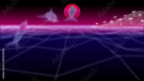 synthwave dolphins and island Background 3d render