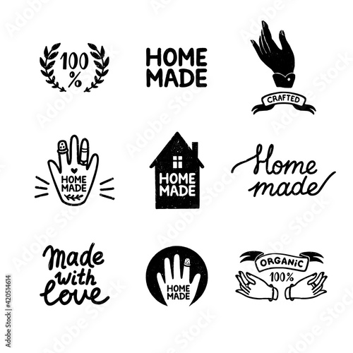 Homemade stamp logos set - vintage icons in stamp style, home made lettering with cute house and hands silhouettes. Vintage vector illustration for banner and label design.