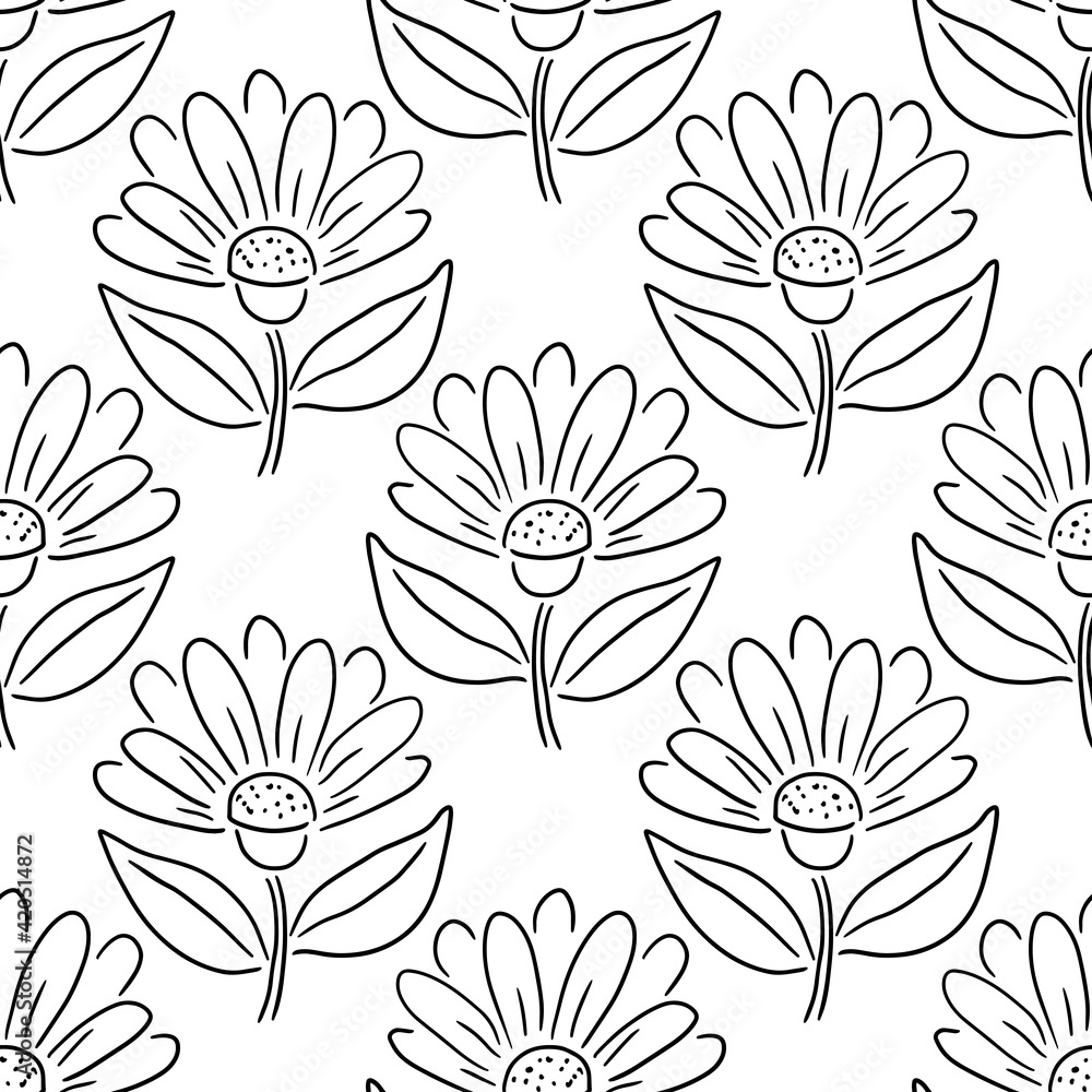 Cute cartoon polka dot sloppy flowers in doodle style seamless pattern. Floral childlike style background. Cute cartoon polka dot sloppy flowers in doodle style seamless pattern. Floral childlike style background.