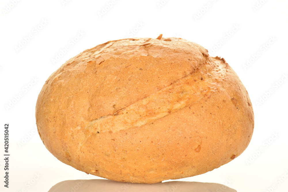 One loaf of delicious white bread, close-up, isolated on white. One loaf of delicious white bread, close-up, isolated on white.